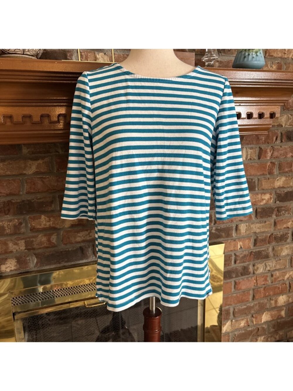Lands And Aqua Striped Shirt 3/4 Sleeves Size Large